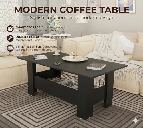 Image of Spyder Craft Gabrial Modern Wooden Coffee Table with Storage| Coffee Table for Living Room Engineered Wood Coffee Table- Black
