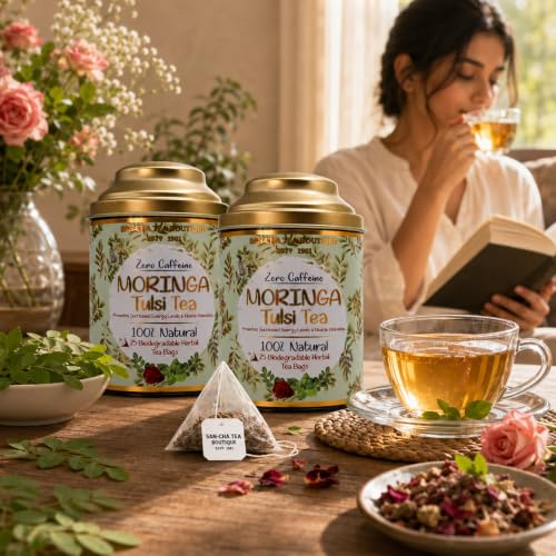 Image of Sancha Tea Boutique, Moringa Tulsi Tea, Caffeine Free Herbal Tisane, 25 Pyramid Bags, Hebal Tisane for Energy (Pack of 2)