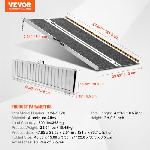 VEVOR Tragbare Rollstuhlrampe, 121,92 cm 363 kg Tragkraft, rutschfeste Aluminium-Klappschwellenrampe, Faltbare Rampe für Mobilitätsroller, Rollstuhlrampe, für Hausstufen, Treppen, Türen, Bordsteine