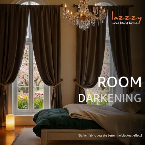 Image of Truffle Velvet Curtains Quiet Luxury Rod Pocket 52x108 Inch 2 Panels | Soft Velvet, Room Darkening, For Tall Windows & High Ceilings, Light Shifting Texture, Elegant Drape, Luxury