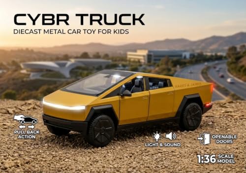 Image of HARRY & JAMES CYBR Truck Diecast Metal Car Toy for Kids 1:36 Scale Model Pull Back Action with Light & Sound Openable Doors Collectible Model Truck Tesla CyberTruck for Boys,Girls,Kids,Multicolor
