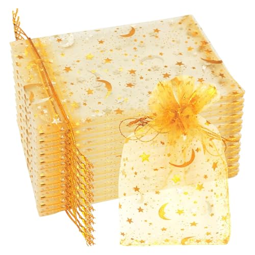 50 Bolsas de Organza Doradas 9x12cm con Estampado, Bolsitas Regalo Pequeñas para Joyas, Dulces y Detalles de Boda, Comunión o Bautizo, Saquitos de Tela con Cordón