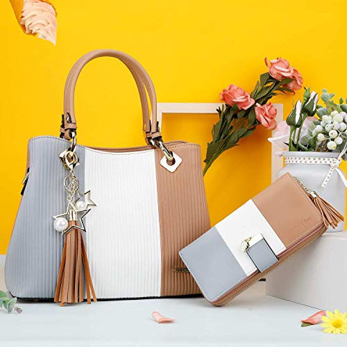 Handbags for Women, PU Leather Handbag in Pretty Colors Combination (Grey/White/Khaki)