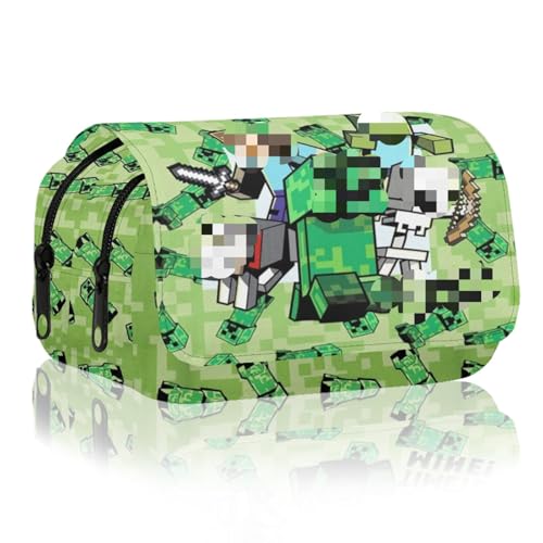 Pixel in My Mind Federmäppchen Jungen 21x10x7.5cm Kapazität Oxford-Gewebe Schlampermäppchen Green Pixelated Monster Mäppchen für Schule und Alltag Gaming Motiv Federtasche für Jungen und Mädchen