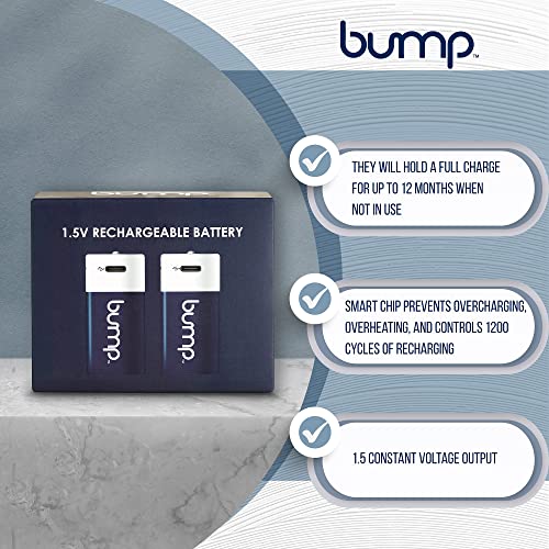 Bump D 1.5V Rechargeable Batteries - 2 Pack - Lithium Ion, High Output, Fast & Long Lasting Usb-C Charge, Use In Flashlights, Devices W/Extended Running Time Requirements, Charger Cable Included #TOP4