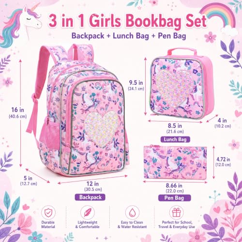 Image of 3Pcs Unicorn Backpack for Girls, 16 inch Sequin Kids Bookbag with Lunch Box，School Backpacks for Elementary Preschool Kindergarten (Pink)