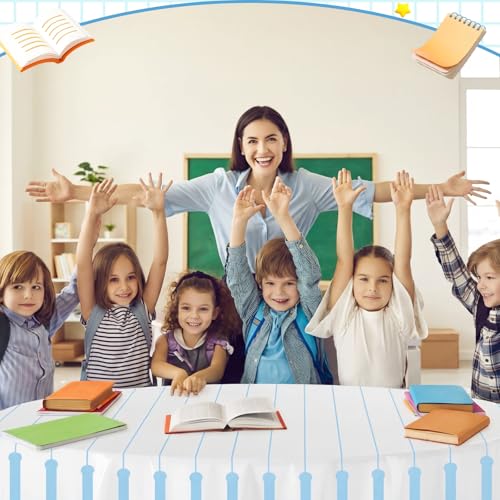 Image of Ganeen 6 Pcs 84 Inch Notebook Plastic Tablecloths Preschool Classroom Party Decoration Round Disposable Table Covers for Back to School Kindergarten Classroom Party Decoration