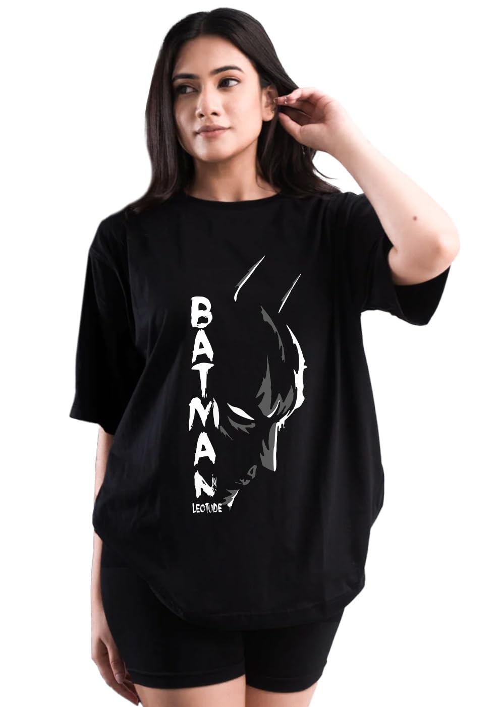 leotude Oversized Half Sleeve Tshirt for Women, Round Neck Longline Drop Shoulder T-Shirt (Color Black)-picture-42
