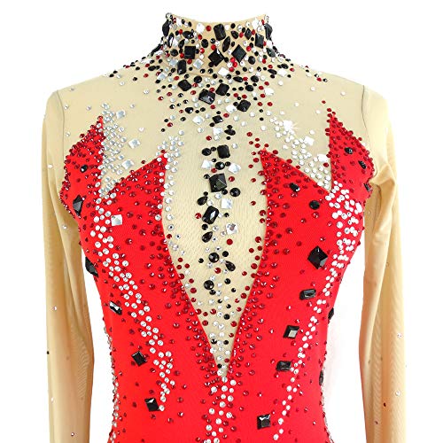 Vestido de patinação no gelo para meninas de manga comprida com contas vestido de dança, Vermelho, P