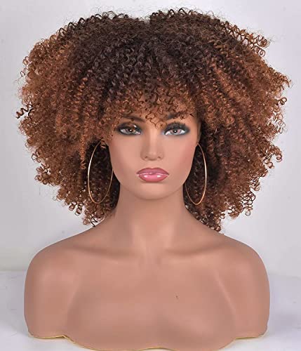 Short Kinky Curly Afro Wig Curly Wig With Bangs for Black Women Fiber Kinky Curly Wigs(14 inch T1B/30)