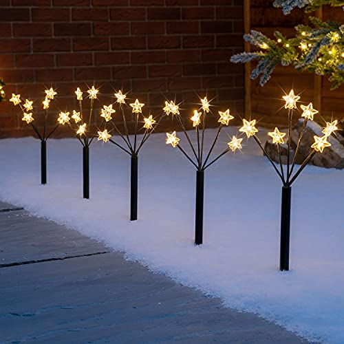 CHRISTOW Star Branch Path Lights, Outdoor Christmas Stake Pathway Decorations, Warm White LED, Battery Operated with Timer (Set of 5 x 45cm)
