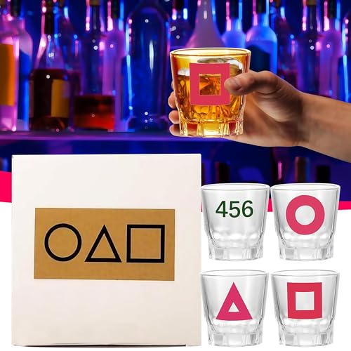 Korean Soju Shot Glass Cup Set,4 Glasses Korean Old-Fashioned Game Whisky Glasses,Old Fashioned Rocks Whisky Glass, Ideal for Whiskey, Tequila, and Liquor