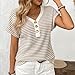 Women's Short Sleeve Knit Tops 2025 Trendy Button V Neck Striped Color Block T Shirts Casual Summer Blouses Beige