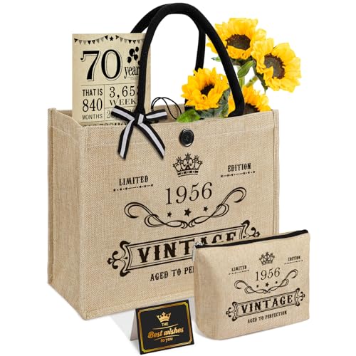 70. Geburtstagsgeschenke für Frauen Jute Tote Tasche einzigartige 70 Jahre alte Geschenke für Mutter Freunde Großmutter Vintage 1956 Burlap Tasche & Make-up Handtasche & zurück in 1956 Poster