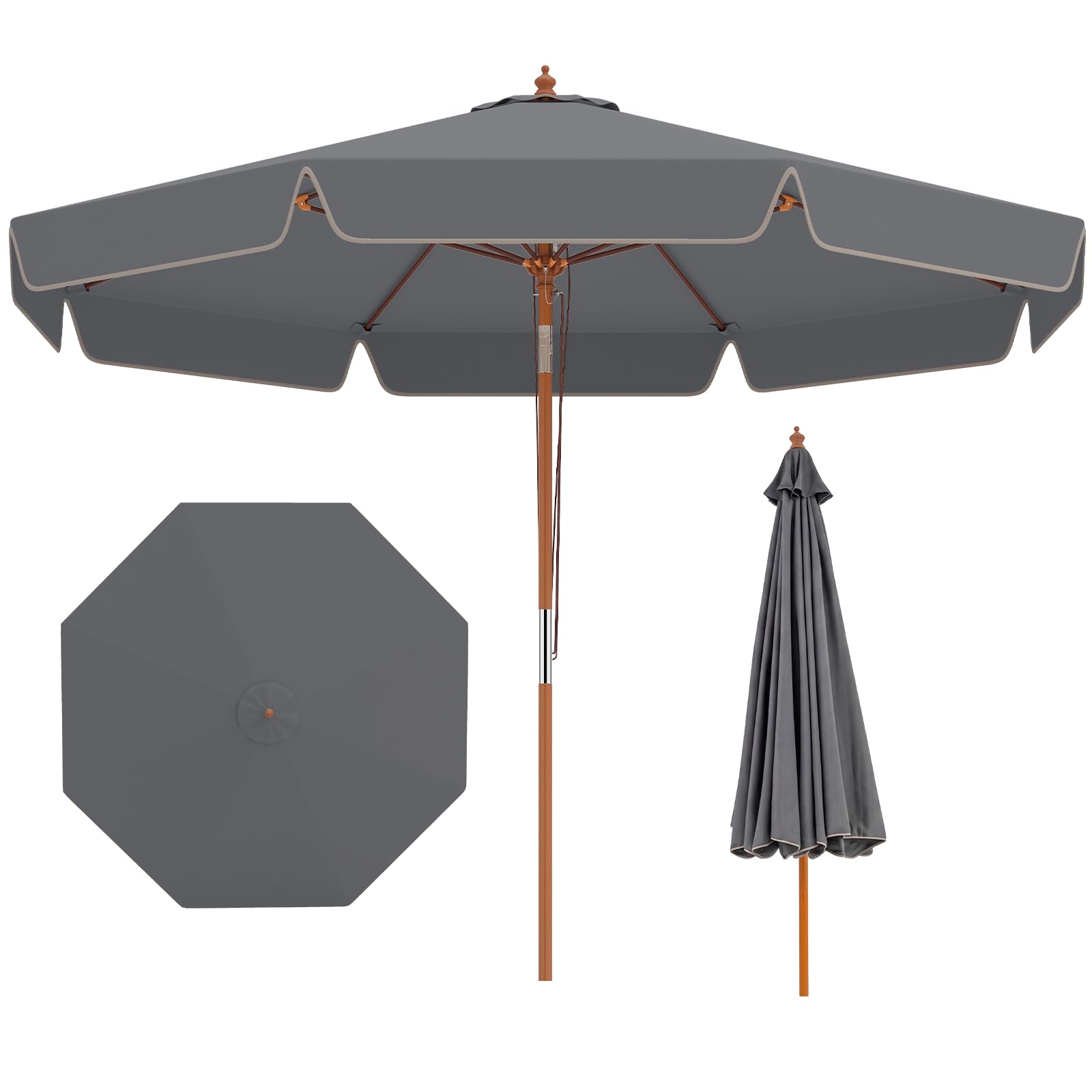 COSTWAY Sombrilla Terraza Exterior 300 cm, Parasol Jardin con Inclinación 30° en Ambos Lados, Mango de Madera, Parte Superior Ventilada, 8 Varillas, Sombrilla de Patio Jardín Playa Piscina
