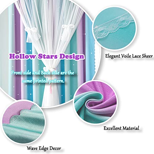 Image of Yancorp Kids Princess Curtains for Girls Bedroom - Star Design With Tieback & 3 Bowties - Purple Teal Blue, W34 X L63 Inches, 1 Panel