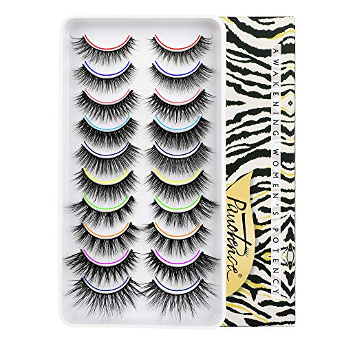 Pawotence Natural False Eyelashes Pack Handmade Fake Lashes Wispy 10 Styles Mixed Fluffy Medium Volume 10 Pairs Reusable Makeup Eyelashes Pack