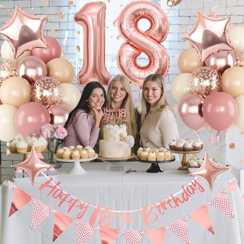 Image of Jobkoo 18th Birthday Decorations for Girls, Retro Pink Nude Number 18 Balloon Set Happy 18th Birthday Banner Cake Topper Dusty Pink Beige Rosegold Star Balloons for Boho 18 Year Old Bday Party Decor