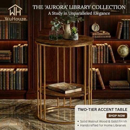 Image of Modern Double-Top Coffee Table with Rustic Farmhouse Accent, Multipurpose Living Room Bedroom, Two-Tier Small Sofa Side Bedside Table with Metal Frame Nightstand (Gold Brown Y)