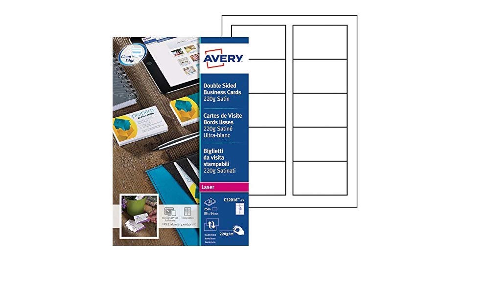 AVERYC32016-25 Printable Double-Sided Satin Finish Business Cards for Laser Printers, 10 Cards Per A4 Sheet, White