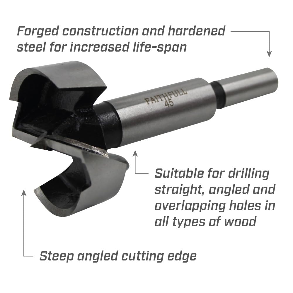 Faithfull FAIFOR45 Forstner Bit for Hardwood Softwood, Drilling, Boring, Straight, Angled, Overlapping, Pocket holes - 45mm - Image 3