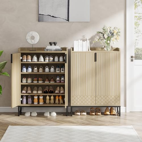 Image of Tribesigns Shoe Cabinet with Doors,Natural 5 Tiers Shoe Storage Cabinet for Entryway, 25 Pairs Wooden Shoe Rack Cabinet, Modern Shoe Organizer Storage for Living Room, Bedroom, Hallway, Closet
