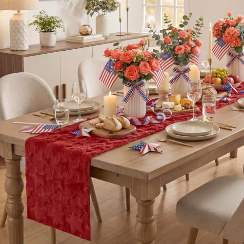 Artoid Mode Red Soft Plush Faux Fur Jacquard Patriotic Stars 4th of July Table Runner, Memorial Day Holiday Kitchen Dining Table Decoration for Home Party Decor 13x72 Inch by Artoid Mode - Image 3
