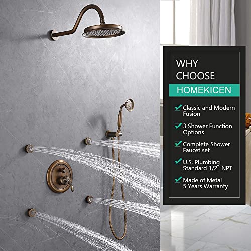 Homekicen Antique Brass Shower System - Faucets Sets Complete Wall Mounted 9" Rain Head With Handheld Spray And Body Jets Bathroom Fixtures Combo, 3 Way Diverter Rough In Valve Trim Kit #TOP1