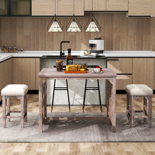 Lumisol Counter Height Table Set With 2 Stools For Small Space, 3 Pieces Pub Table Set Farmhouse Style Kitchen Dining Room Table Wooden, Distressed Brown #TOP2