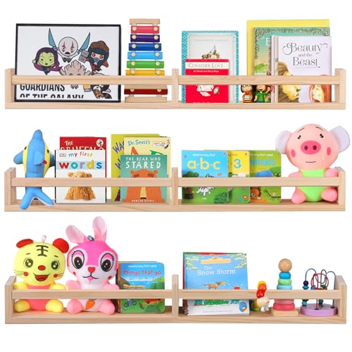 birola Nursery Book Shelves for Wall Set of 3?Natural Wood Wall Bookshelves for Kids Room - Book Shelf for Wall(32 inches Set of 3)