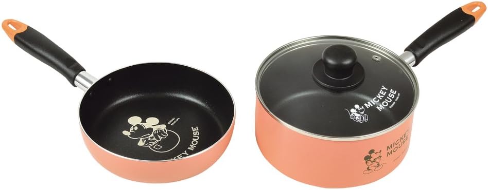 Pearl Metal WD-9067 3-Piece Set, Pot, Frying Pan, Glass Lid, 7.1 inches (18 cm), Induction Compatible, Fluorine Treatment, Mickey Mouse/Vintage, Disney