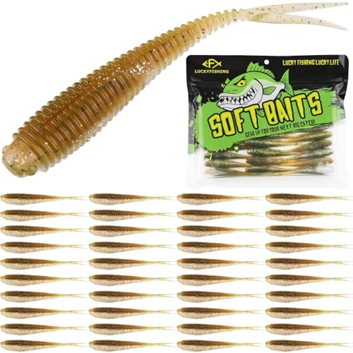 LUCKYFISHING Soft Plastic Baits Forked Tail Fishing Soft Bait for Bass Walleye Trout Crappie Lures Brown Magic-3in-40pcs