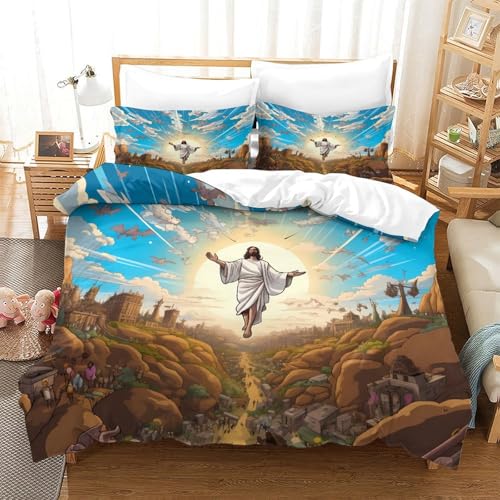 Drap de couette Jésus 3D religieux microfibre 220x240cm avec 2 taies d'oreiller