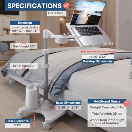 Image of LEVO G2 Deluxe Adjustable Rolling Laptop Stand | White and Silver, rolling laptop desk, adjustable height, tilting tray, floor stand