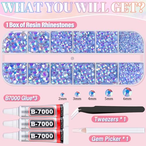 Image of Resin Rhinestones for Crafting with 3Pcs 10ml B7000 Jewelry Glue, 1 Box Light Blue AB Flatback Gems Crystals Diamond for Bedazzling Crafts DIY Nail Art Makeup, Gems for Clothing Tumblers Shoes