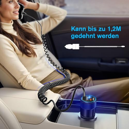 1-Pack Zigarettenanzünder USB, 38W Auto Ladegerät QC & PD 3.0 Schnellladung, 12V kfz Ladegerät mit 1.2M Spiralkabel USB C Ladekabel, kompatibel für iPhone 16 15 Pro Max, Galaxy, Google Pixel, LG