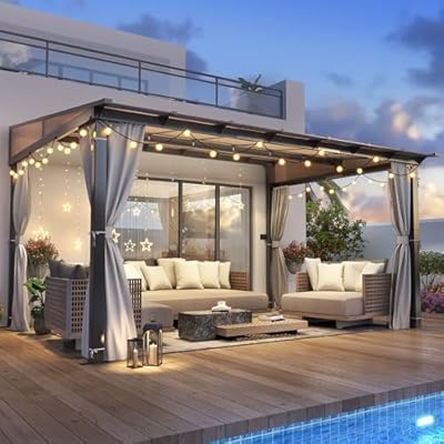 COVERONICS 10' X 13' Outdoor Polycarbonate Lean to Gazebo - Wall-Mounted Aluminum Frame Gazebo with Slope Hardtop, Patio Heavy-Duty Lean to Pergola with Netting & Curtains for Garden, Backyard, Deck