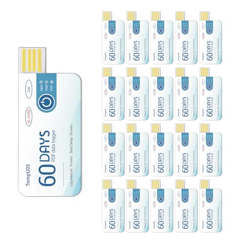 Image of Tzone Temperature Data Logger USB with PDF Report 20 Packs | Temp Recorder,Disposable Thermometer Recording,for Transit Sensitive-goods Transport Medical Storage,Datalogger 60 Days