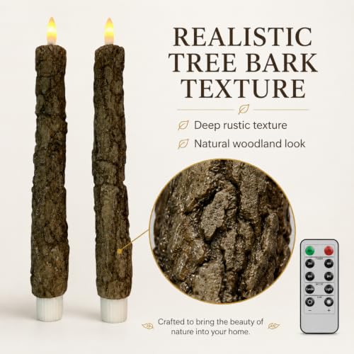 Image of Tree Bark Flameless LED Taper Candles, 10 Inch Flickering Wax Candles with Remote & Timer, Battery Operated Dripless Tapered Candle for Home Wedding Decor, 2Pack