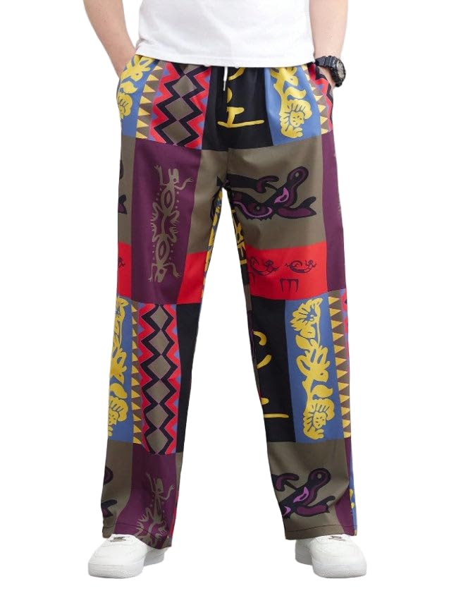Men's Multicolor Printed Wide Leg Pants – Boho Style Loose Fit Straight Leg Trousers with Drawstring Waist and Pockets