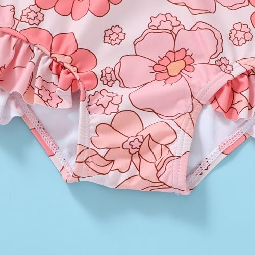 Infant Baby Girl Swimsuit One-Piece Long Sleeve Rash Guard with Hat Set Floral Zipper Bathing Suit Leopard Beach Wear