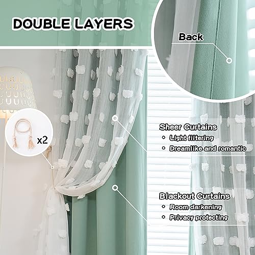 Image of MYSKY HOME Aqua Curtains for Kids Room Nursery Curtains 72 Inches Long for Girls Bedroom Double Layer Curtains White Pom Pom Sheer Curtains for Dining Room Grommet Room Darkening Panels W52 X L72