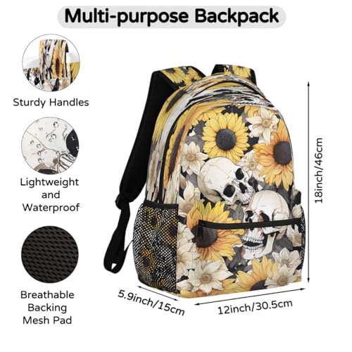 Backpack for Kids Boys Girls Women Men, Sunflower Skull School Laptop Backpacks Casual Daypack Travel Rucksack Bookbag for Adults2