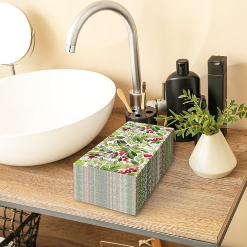 Christmas Guest Napkins Watercolor Mistletoe 3 Ply Disposable Paper Napkins Xmas Winter Berry Dinner Hand Towel Napkins for Party Table Decor, 80Pcs – Image 5