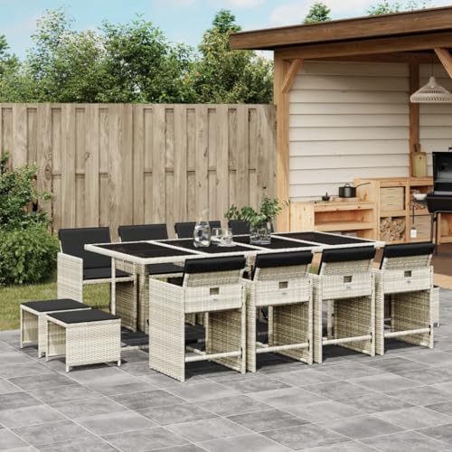 Faroom Conjunto de muebles de jardín de polirratán para 12 personas, juego de 12 sillas con mesa con tablero de cristal y cojines – Conjunto de muebles de jardín de polirratán para jardín y terraza