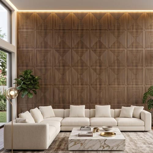 Image of Kayra Decor 3D PVC Wall Panels for Bedroom & Living Room | Pryamid Design |Oak Wood Color | 19.7 x 19.7 Inch | Pack of 40 | 107.6 Sq Ft