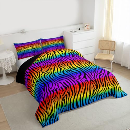 Image of Feelyou Zebras Skins Comforter Set - Rainbow Zebra Stripes Bedding for Kids & Adults - Ultra Soft Twin Size Duvet Set