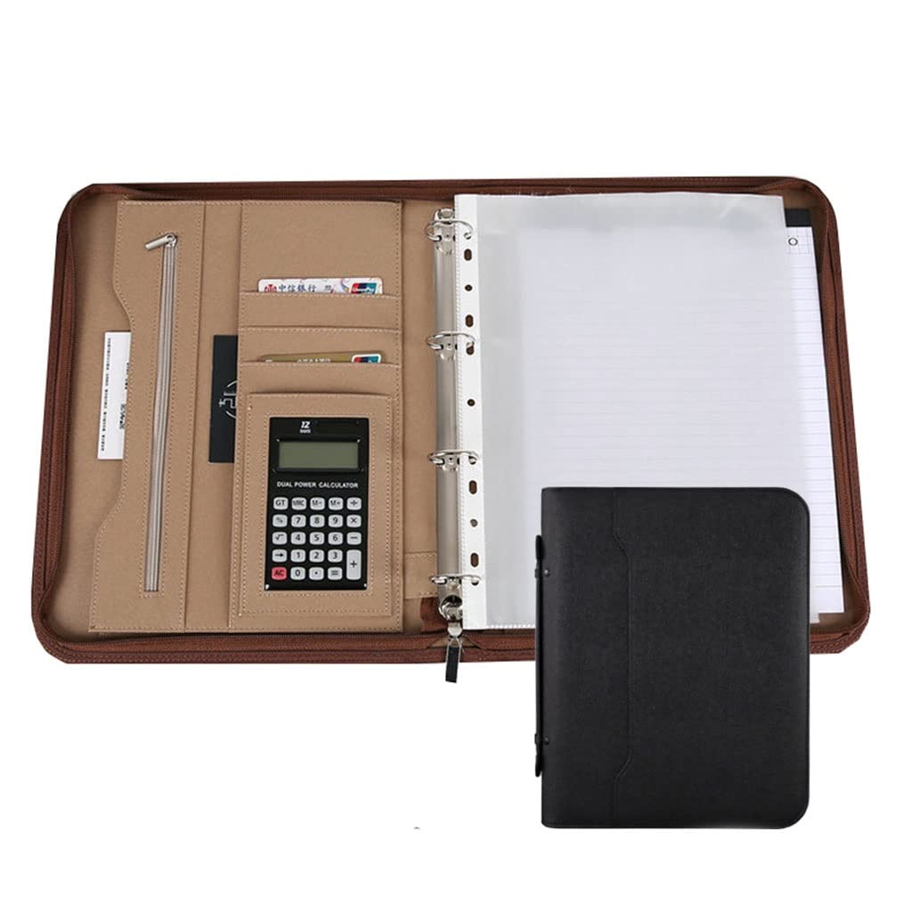 IBOWZ Cartella per Documenti in Pelle A4 Portafoglio con Cerniera Organizzatore a 4 Anelli Cartella in Pelle PU Padfolio Presentazione Calcolatrice per portafoto Portapenne Raccoglitori