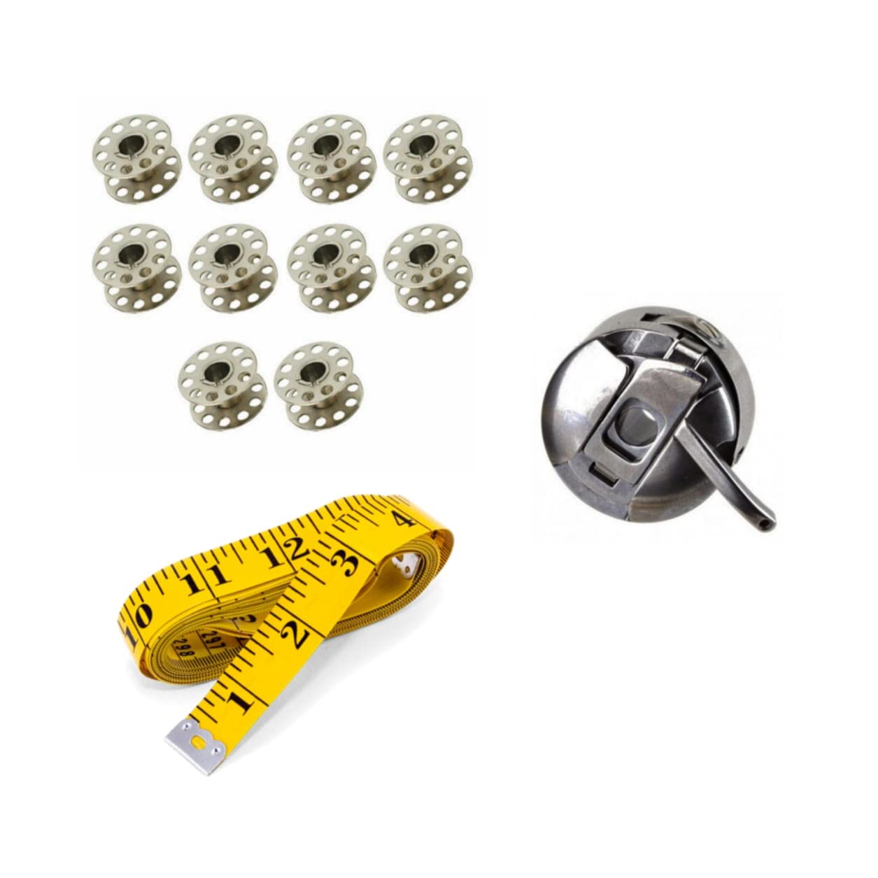 FRQ Pack of 10 Bobbins 1 Bobbin Case Outer Compatible with All Domestic SV Sewing Machines and 1 inch Tape for Measurement for The Body Tailor Sewing Dress Making (Multicolour / 150 cm / 60 inches)