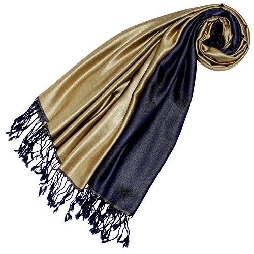 LORENZO CANA Foulard de 70% soie et 30% viscose pour la femme – écharpe réversible avec les mesures de 70 x 190 cm - une étole noble pour le printemps et l´été – double face en or bleu foncé
